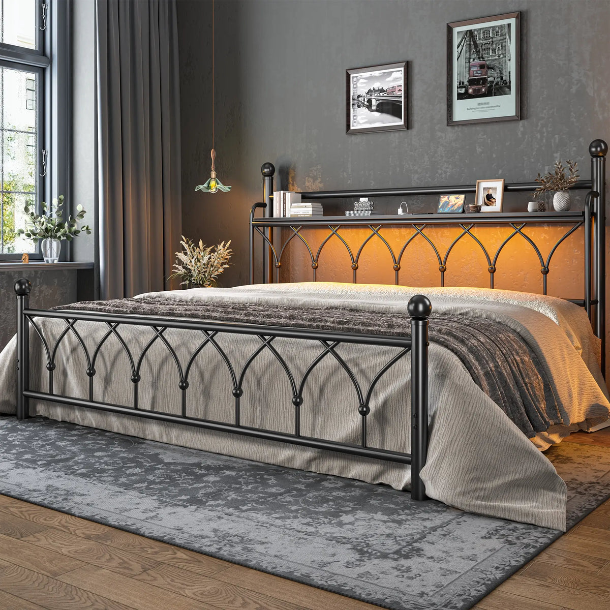 Snhomee Functional Metal Bed Frame with LED Headboard & Charging Station – Storage Shelf, Noise-Free Design, 882lbs Capacity