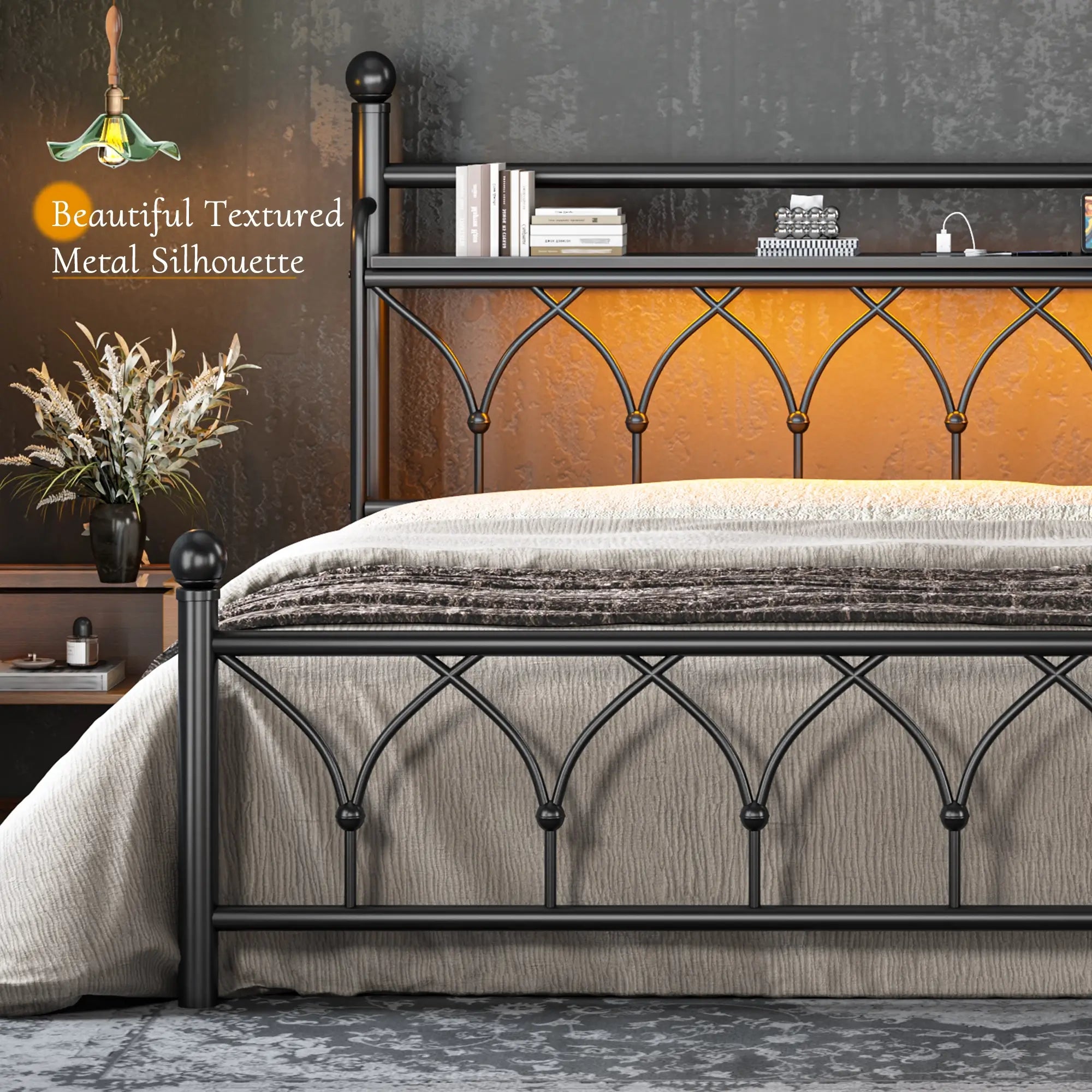 Functional Metal Bed Frame with LED Headboard & Charging Station – Storage Shelf, Noise-Free Design, 882lbs Capacity