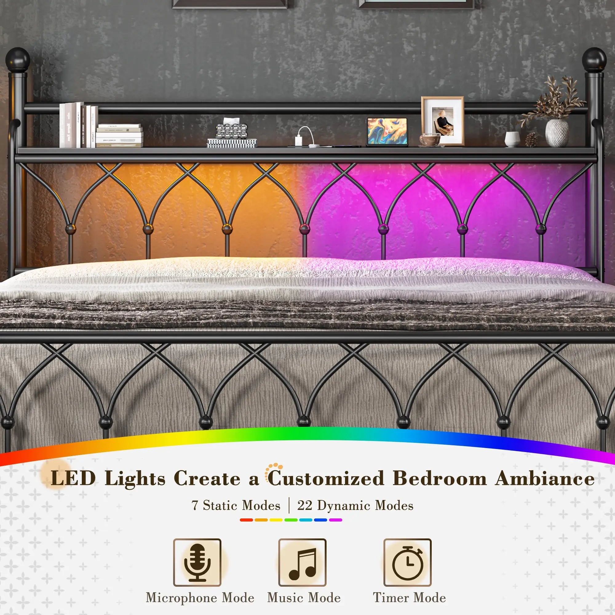 Functional Metal Bed Frame with LED Headboard & Charging Station – Storage Shelf, Noise-Free Design, 882lbs Capacity