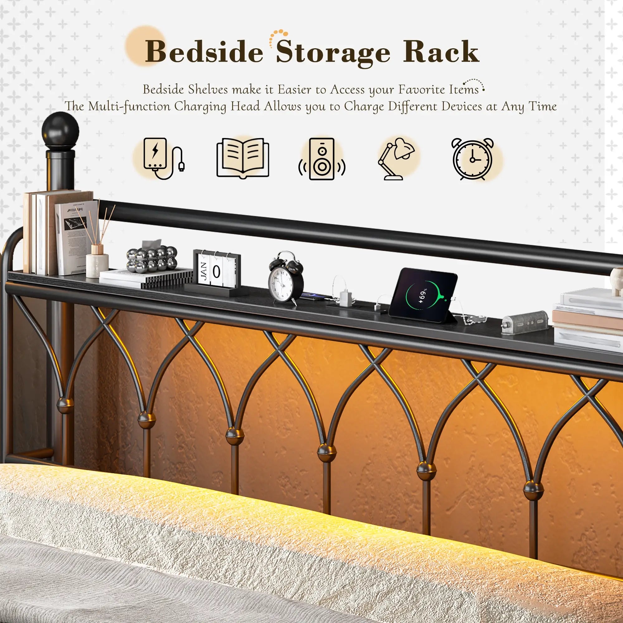 Functional Metal Bed Frame with LED Headboard & Charging Station – Storage Shelf, Noise-Free Design, 882lbs Capacity