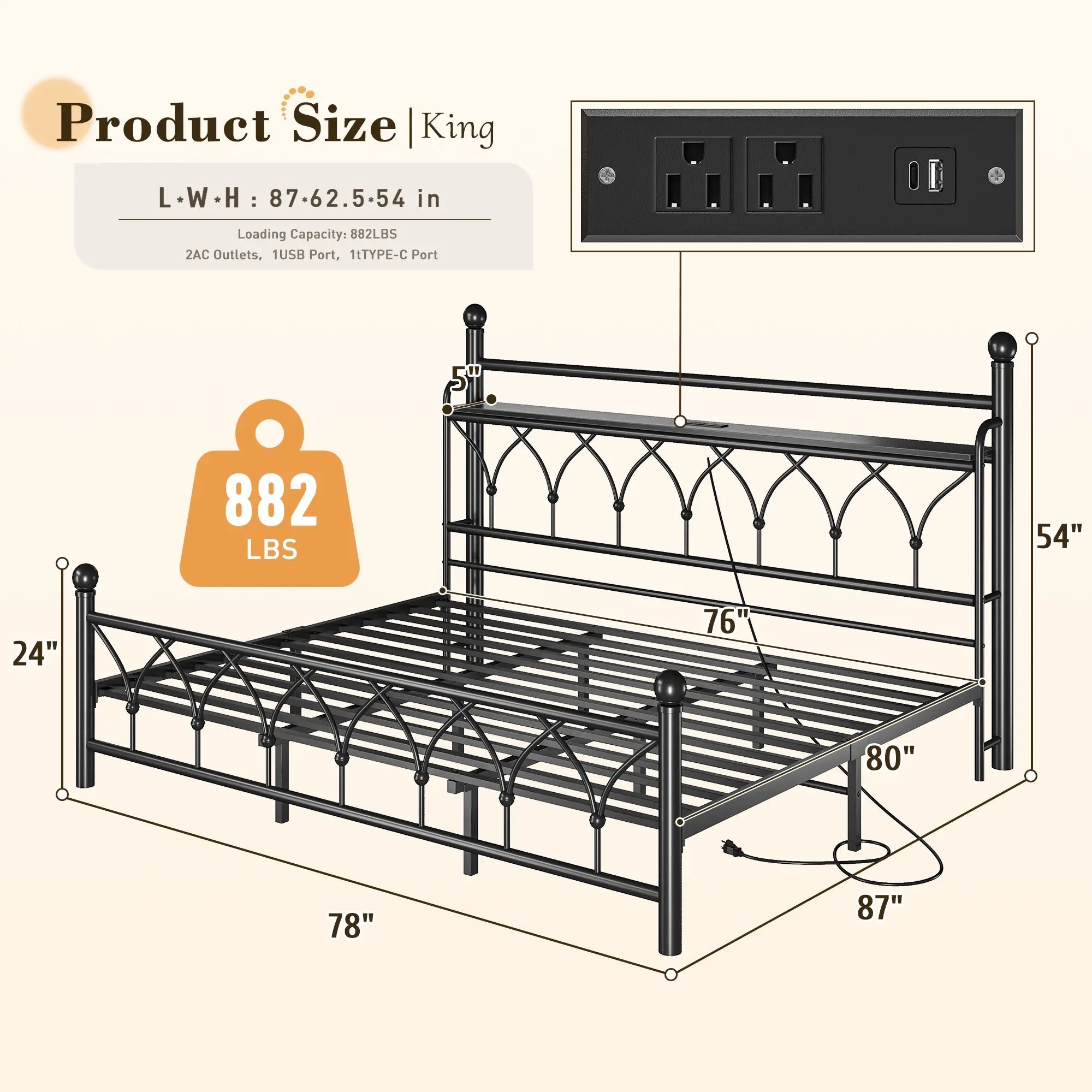 Functional Metal Bed Frame with LED Headboard & Charging Station – Storage Shelf, Noise-Free Design, 882lbs Capacity