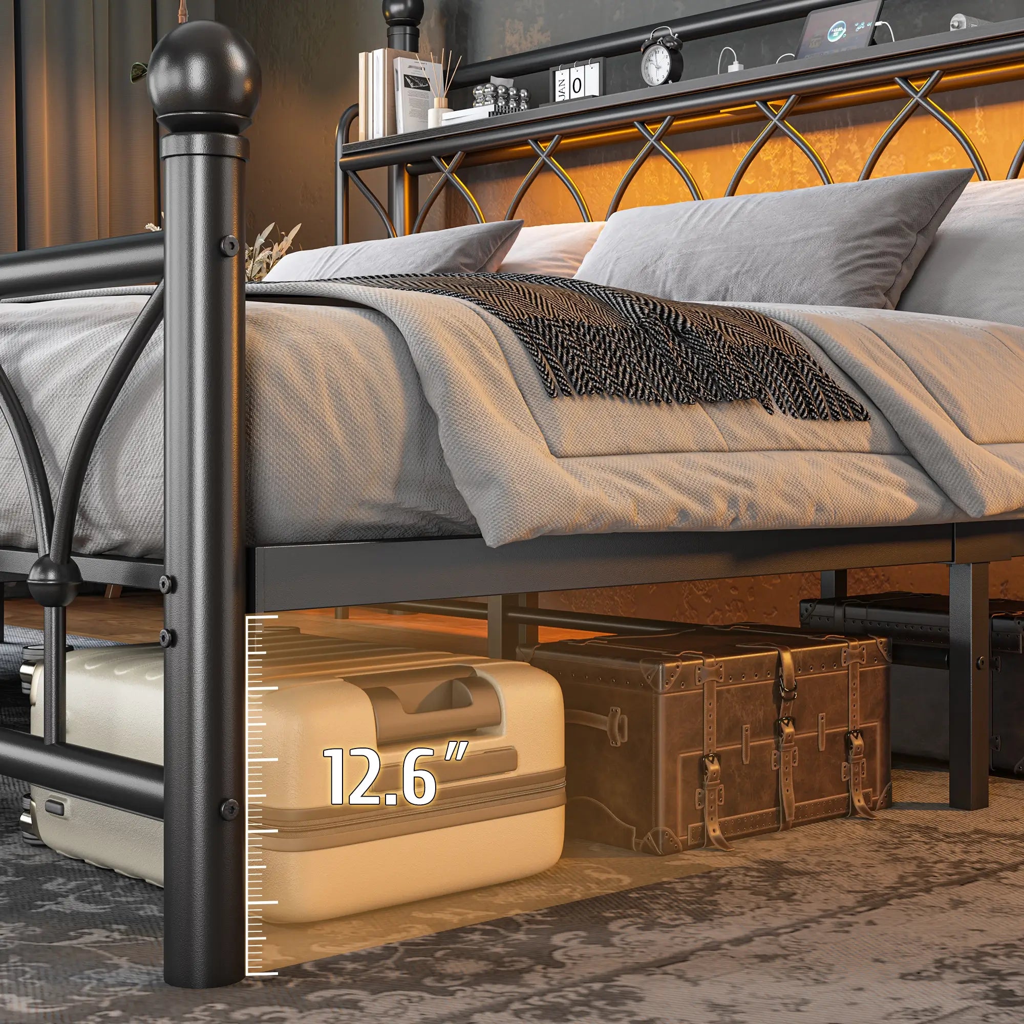 Functional Metal Bed Frame with LED Headboard & Charging Station – Storage Shelf, Noise-Free Design, 882lbs Capacity