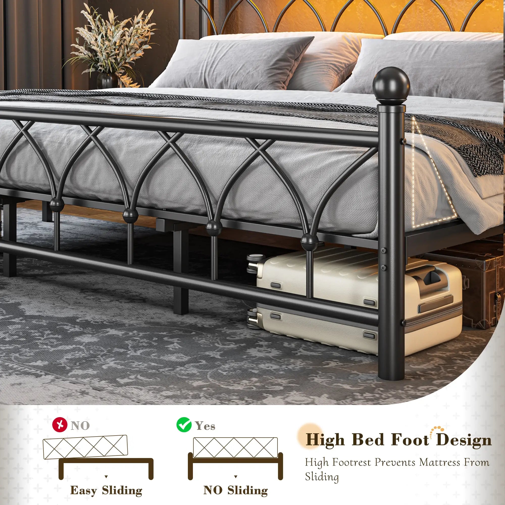 Functional Metal Bed Frame with LED Headboard & Charging Station – Storage Shelf, Noise-Free Design, 882lbs Capacity