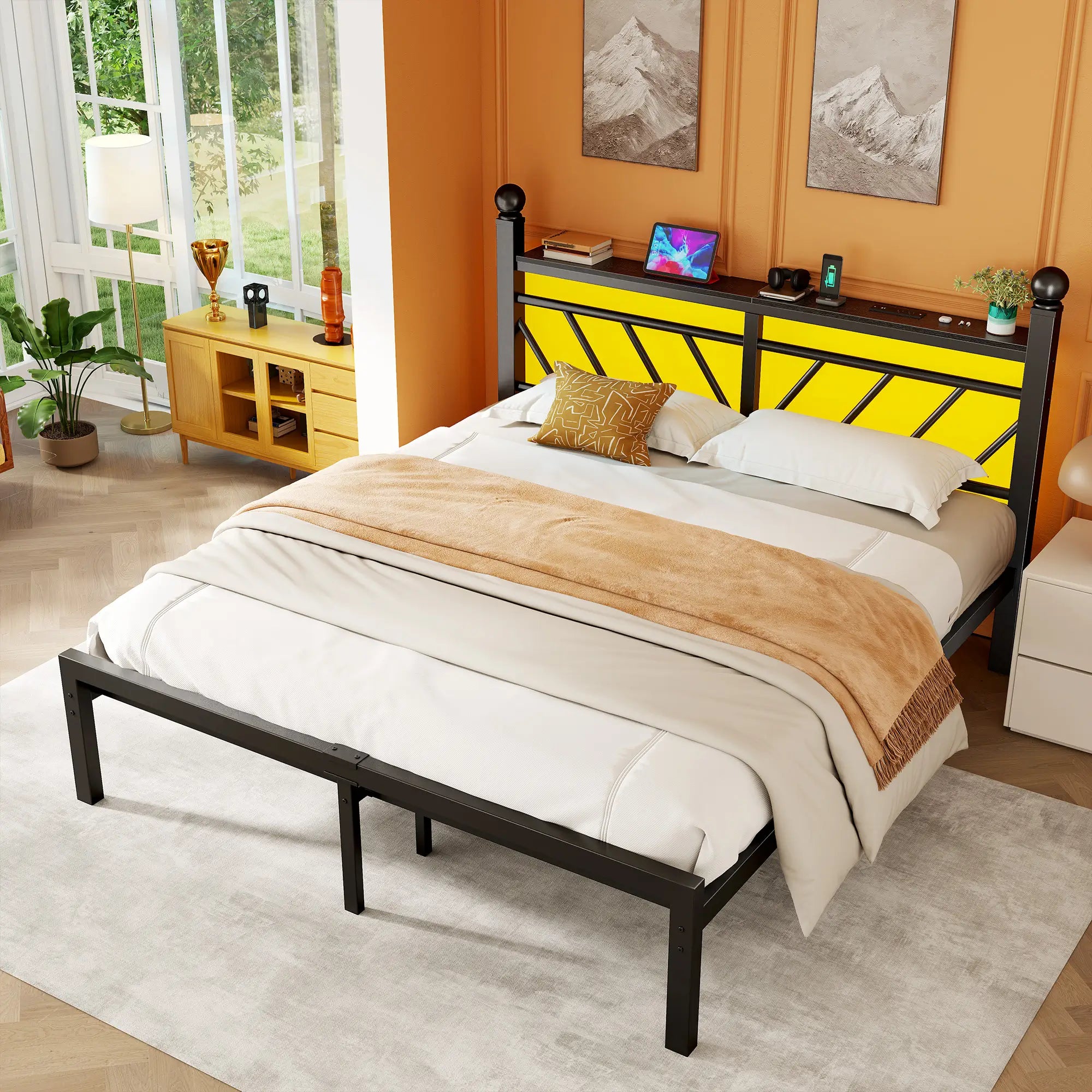 Snhomee Metal Bed Frame with LED Light Headboard & Outlet, Noise-Free Design, Under-Bed Storage for Bedroom