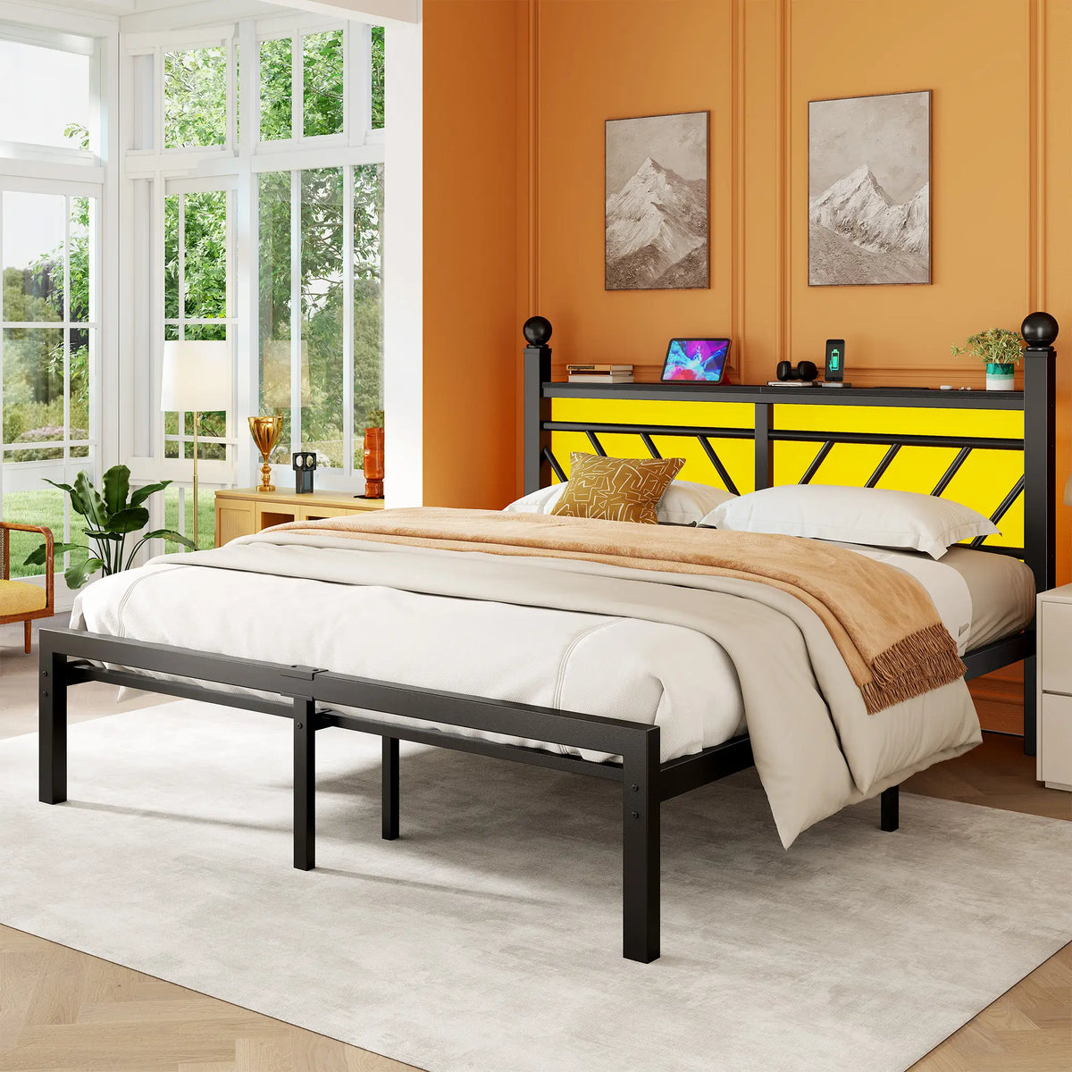 Snhomee Metal Bed Frame with LED Light Headboard & Outlet, Noise-Free Design, Under-Bed Storage for Bedroom