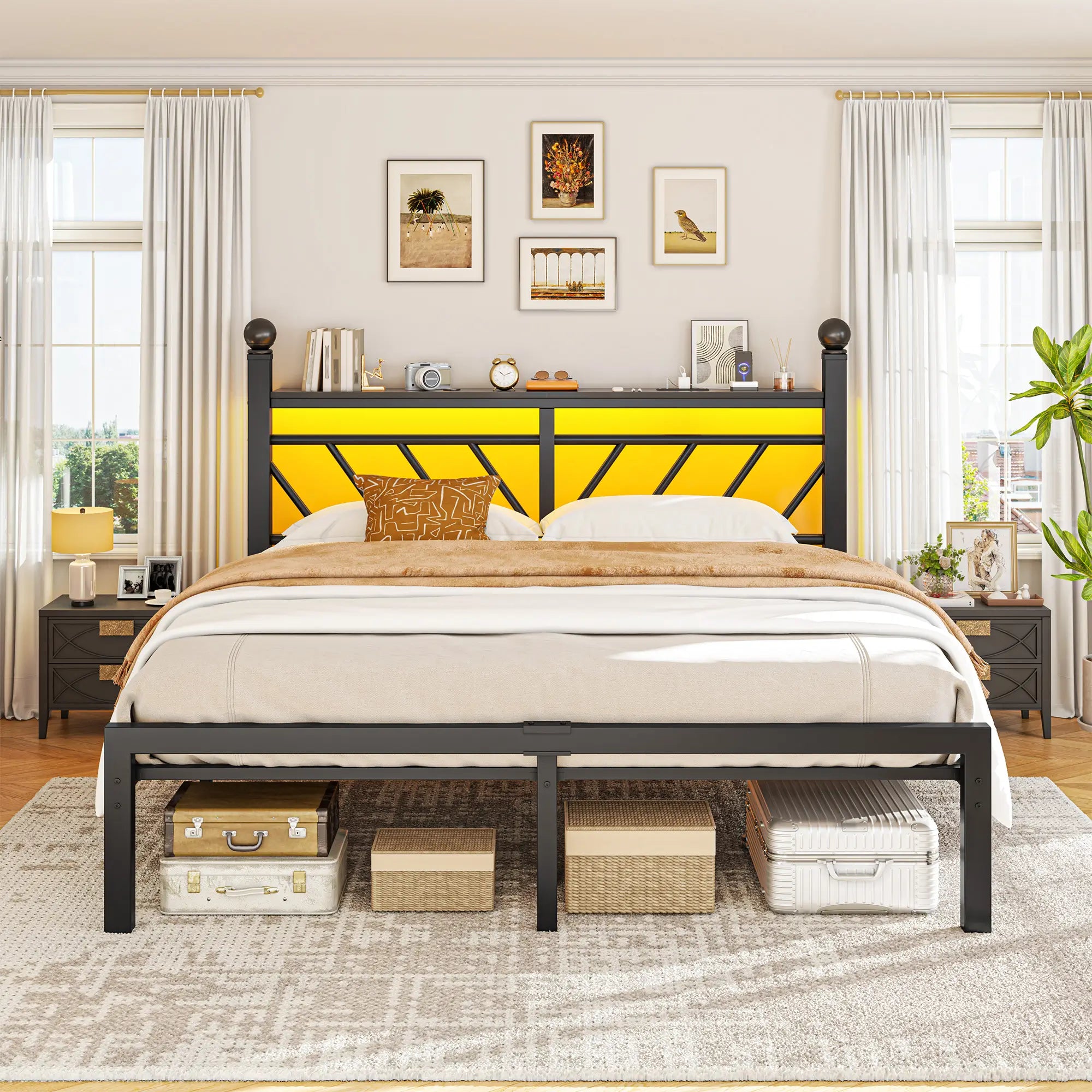Snhomee Metal Bed Frame with LED Light Headboard & Outlet, Noise-Free Design, Under-Bed Storage for Bedroom