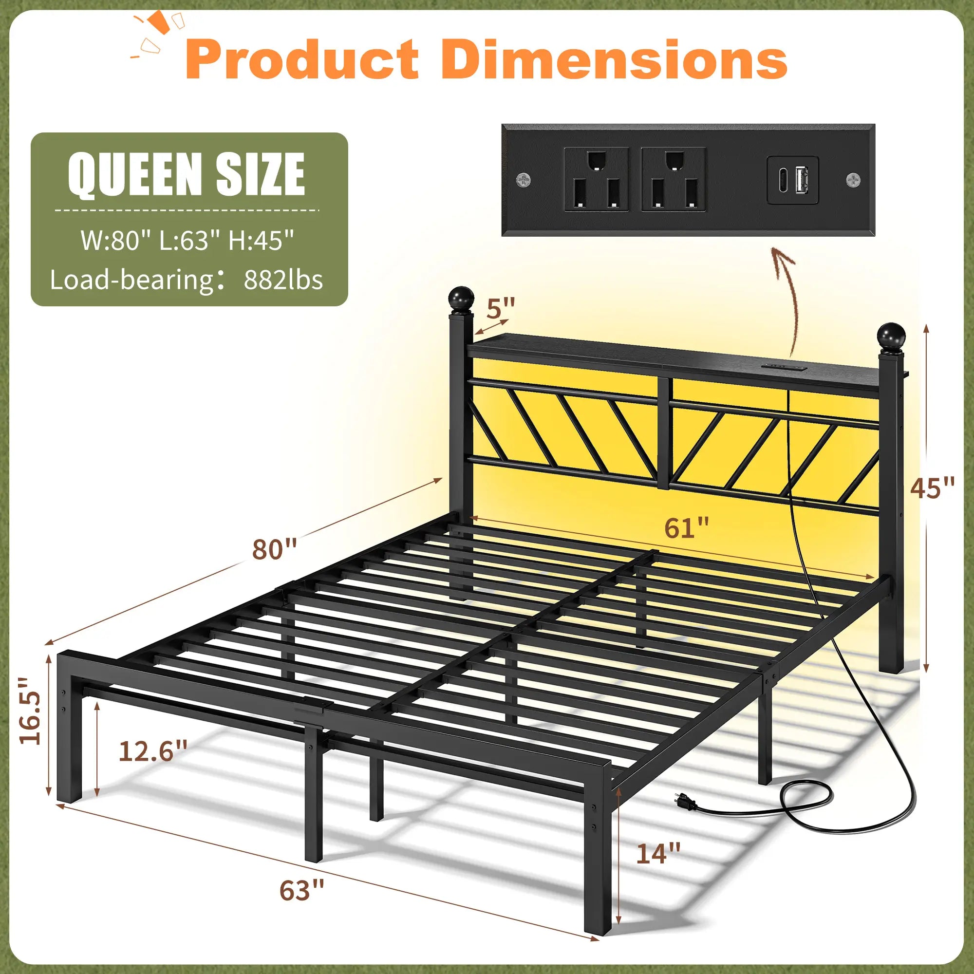 Snhomee Metal Bed Frame with LED Light Headboard & Outlet, Noise-Free Design, Under-Bed Storage for Bedroom