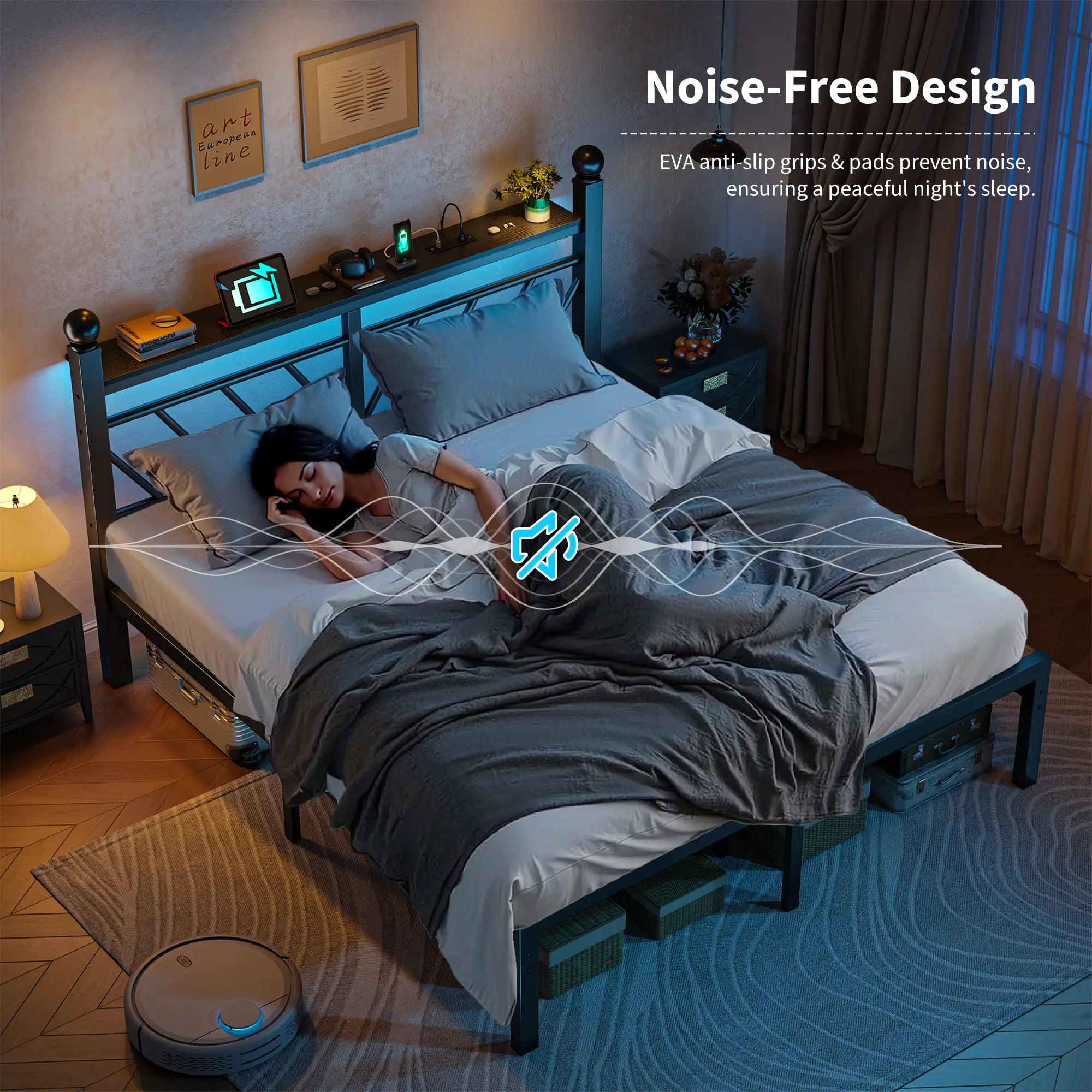 Snhomee Metal Bed Frame with LED Light Headboard & Outlet, Noise-Free Design, Under-Bed Storage for Bedroom