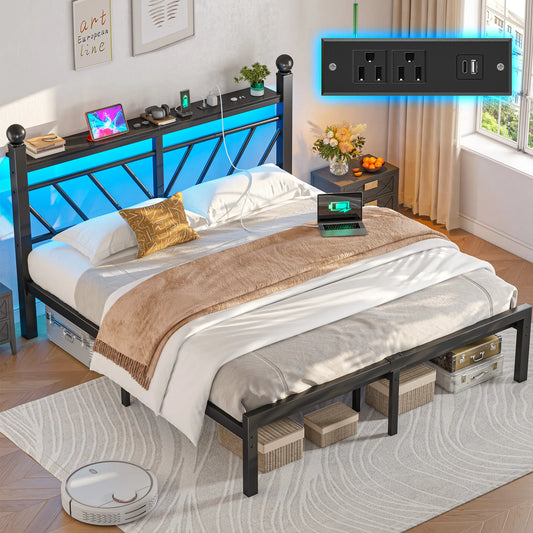 Snhomee Metal Bed Frame with LED Light Headboard & Outlet, Noise-Free Design, Under-Bed Storage for Bedroom 2000