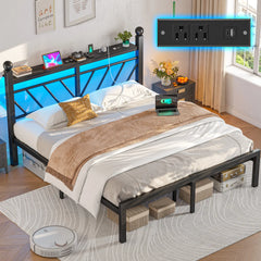 Snhomee Metal Bed Frame with LED Light Headboard & Outlet, Noise-Free Design, Under-Bed Storage for Bedroom