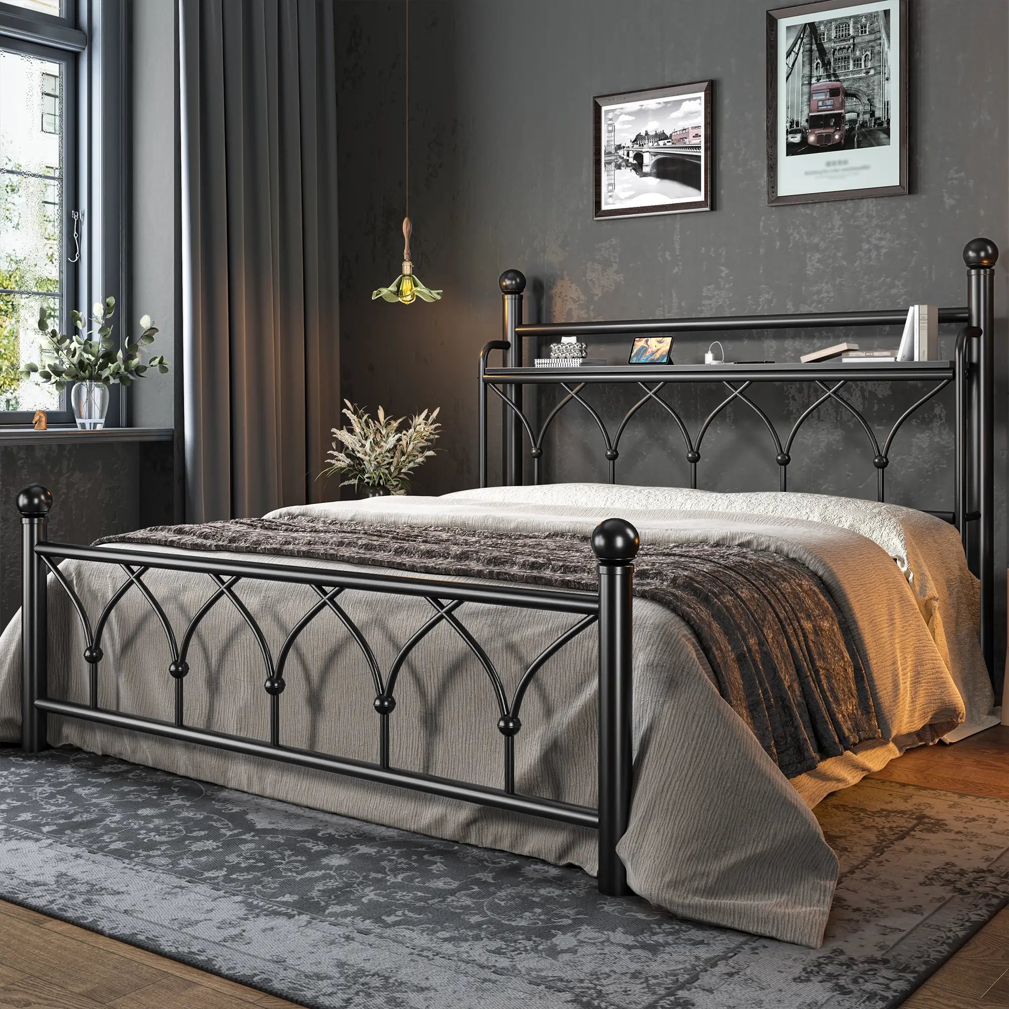 Functional Metal Bed Frame with LED Headboard & Charging Station – Storage Shelf, Noise-Free Design, 882lbs Capacity