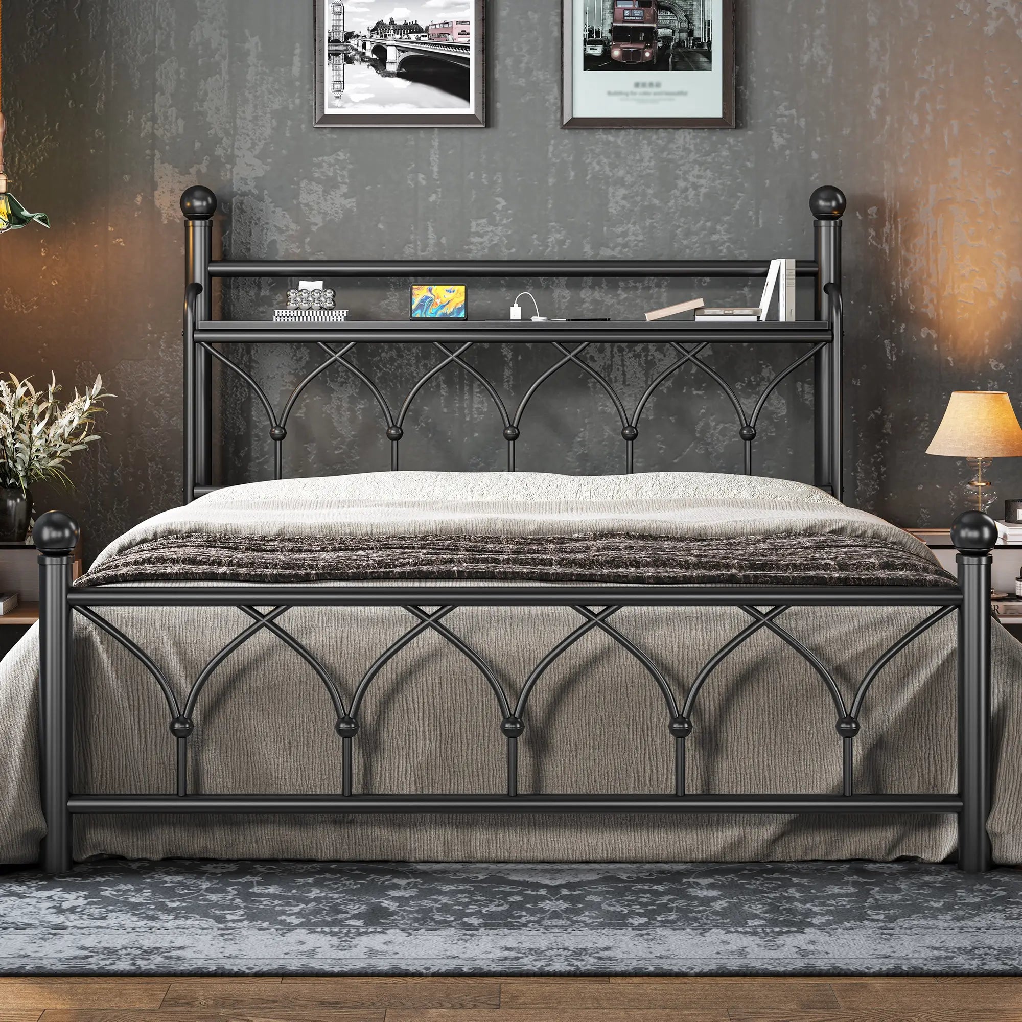 Functional Metal Bed Frame with LED Headboard & Charging Station – Storage Shelf, Noise-Free Design, 882lbs Capacity