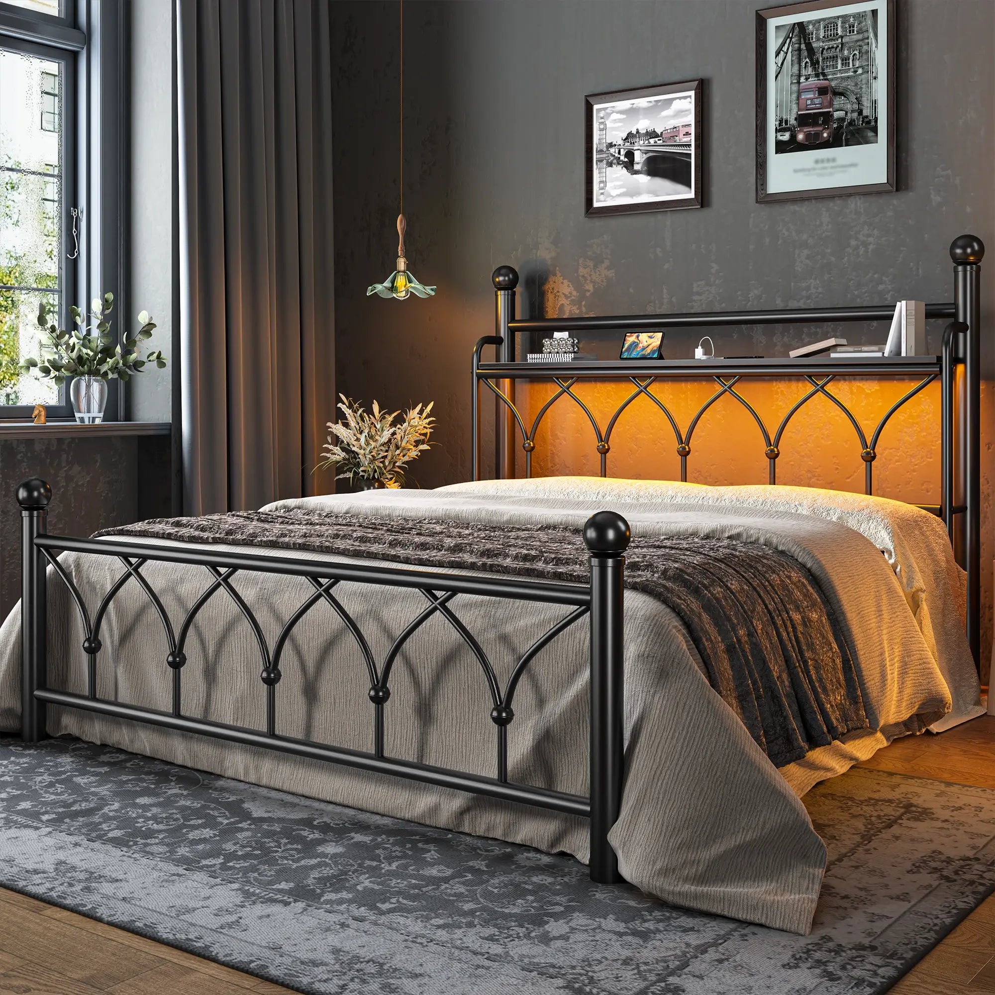 Functional Metal Bed Frame with LED Headboard & Charging Station – Storage Shelf, Noise-Free Design, 882lbs Capacity