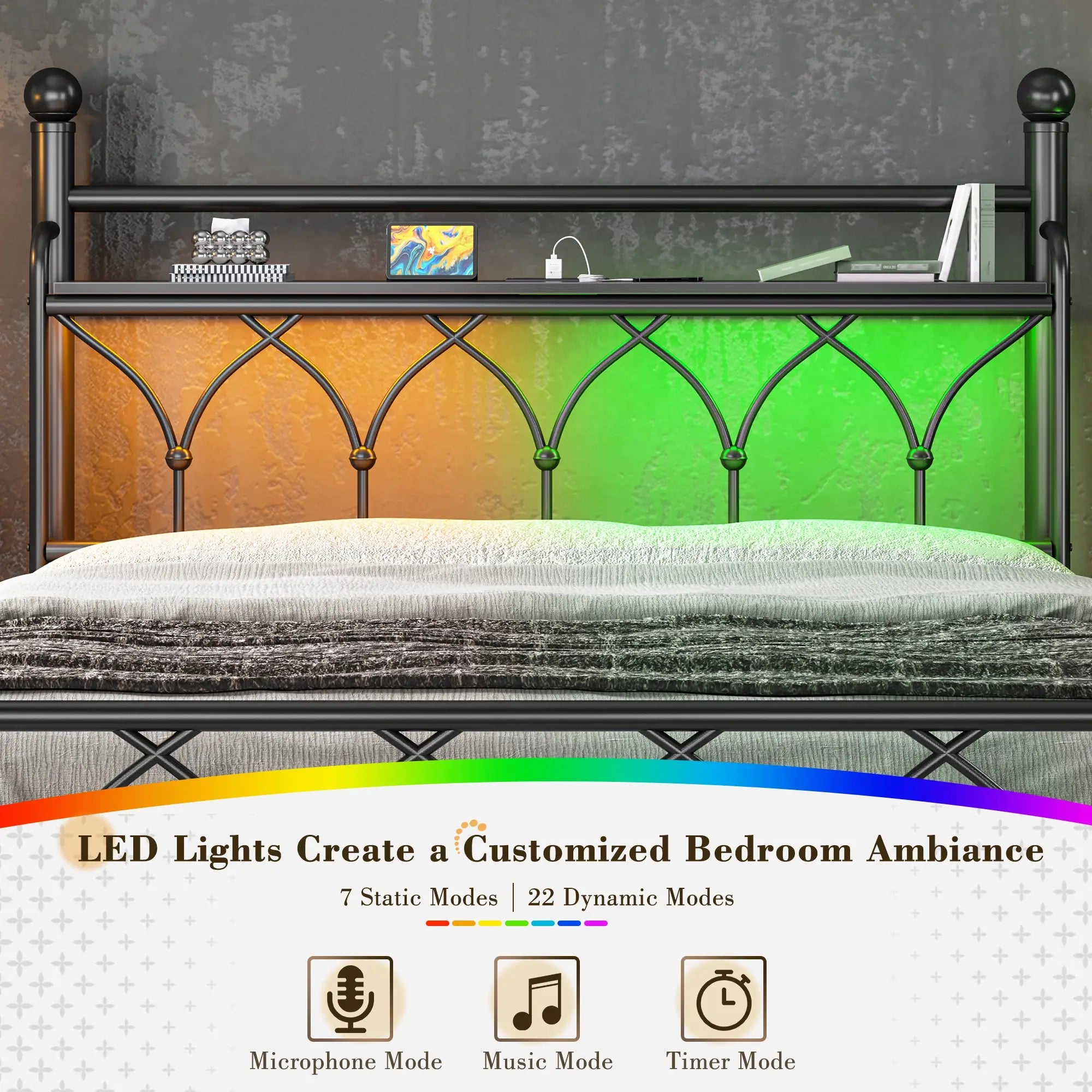 Functional Metal Bed Frame with LED Headboard & Charging Station – Storage Shelf, Noise-Free Design, 882lbs Capacity