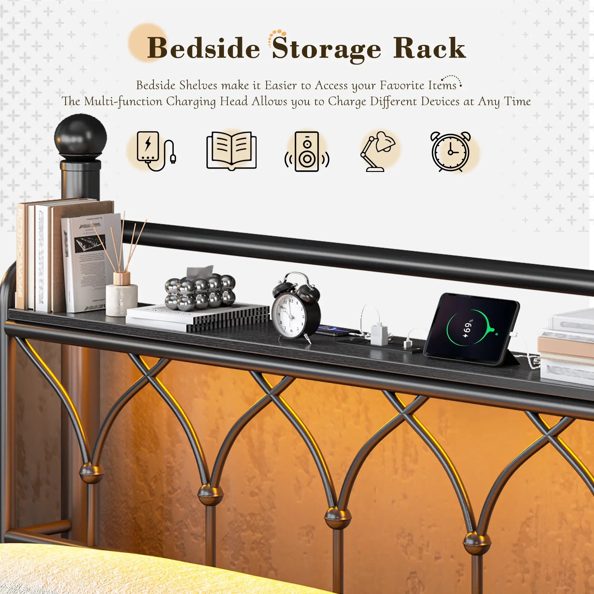 Functional Metal Bed Frame with LED Headboard & Charging Station – Storage Shelf, Noise-Free Design, 882lbs Capacity