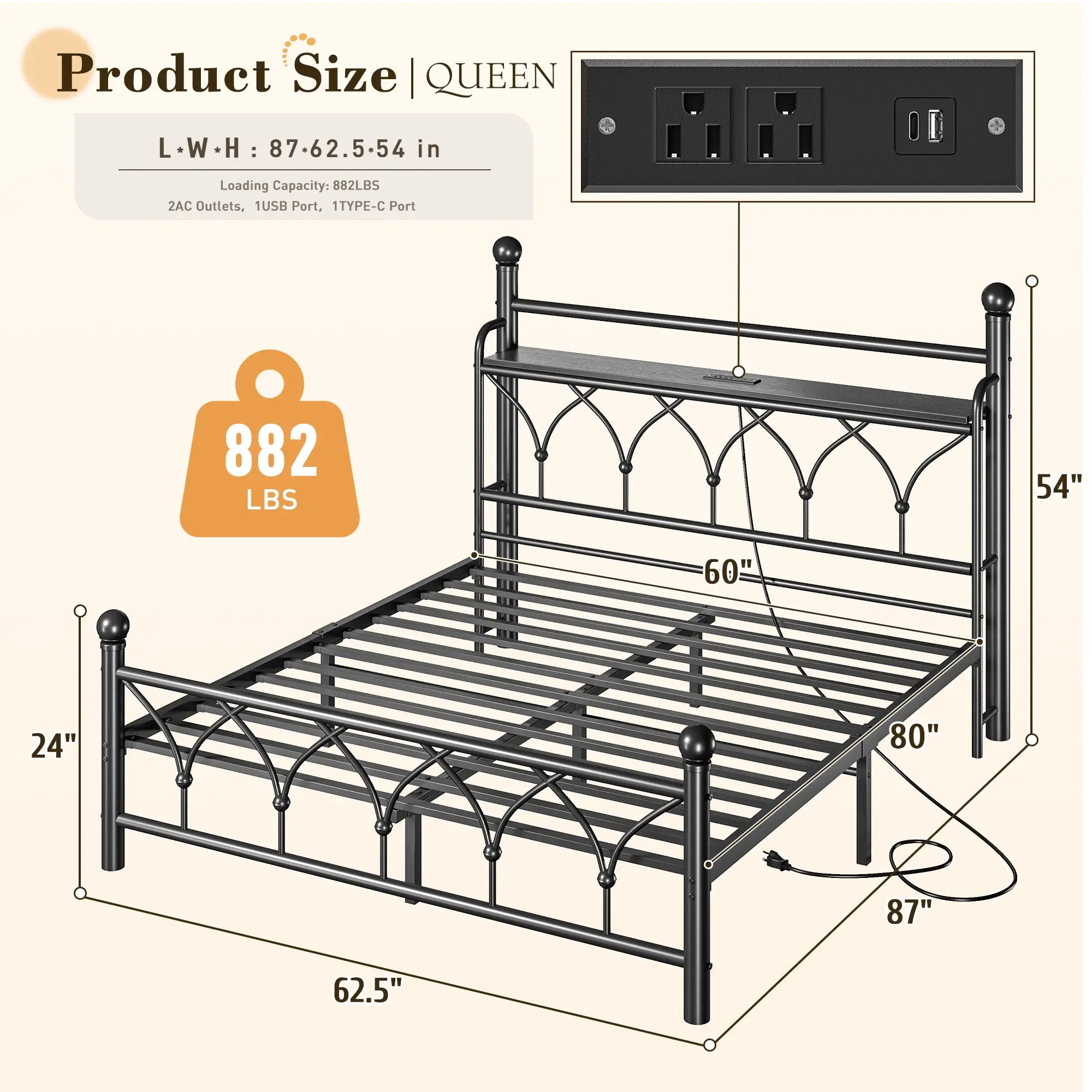 Functional Metal Bed Frame with LED Headboard & Charging Station – Storage Shelf, Noise-Free Design, 882lbs Capacity