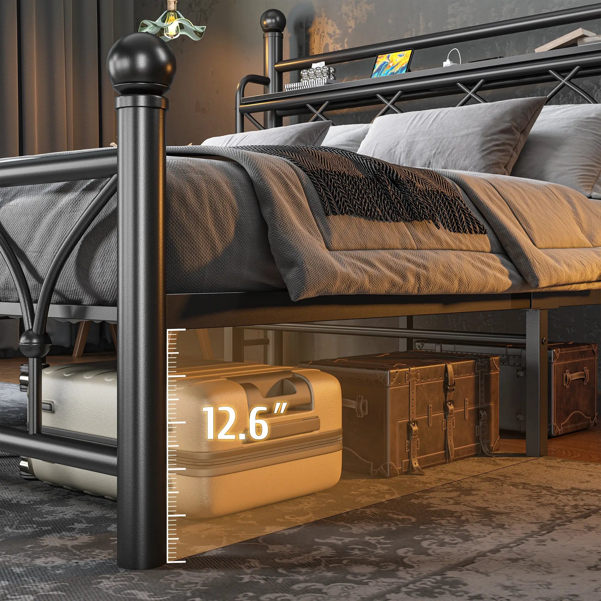 Functional Metal Bed Frame with LED Headboard & Charging Station – Storage Shelf, Noise-Free Design, 882lbs Capacity