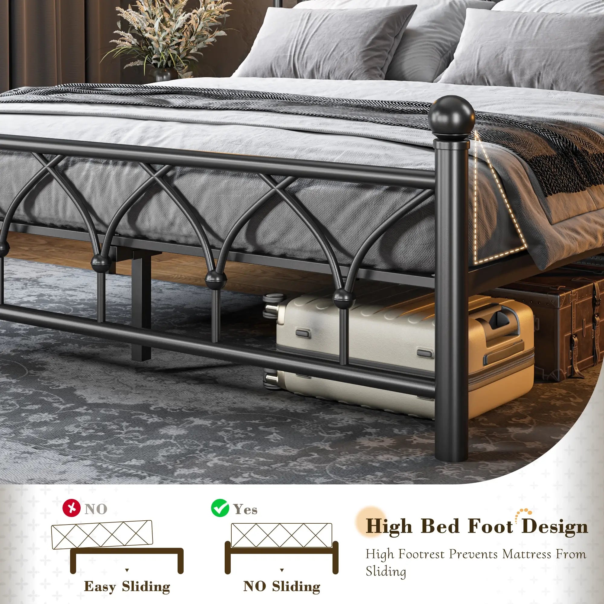 Functional Metal Bed Frame with LED Headboard & Charging Station – Storage Shelf, Noise-Free Design, 882lbs Capacity