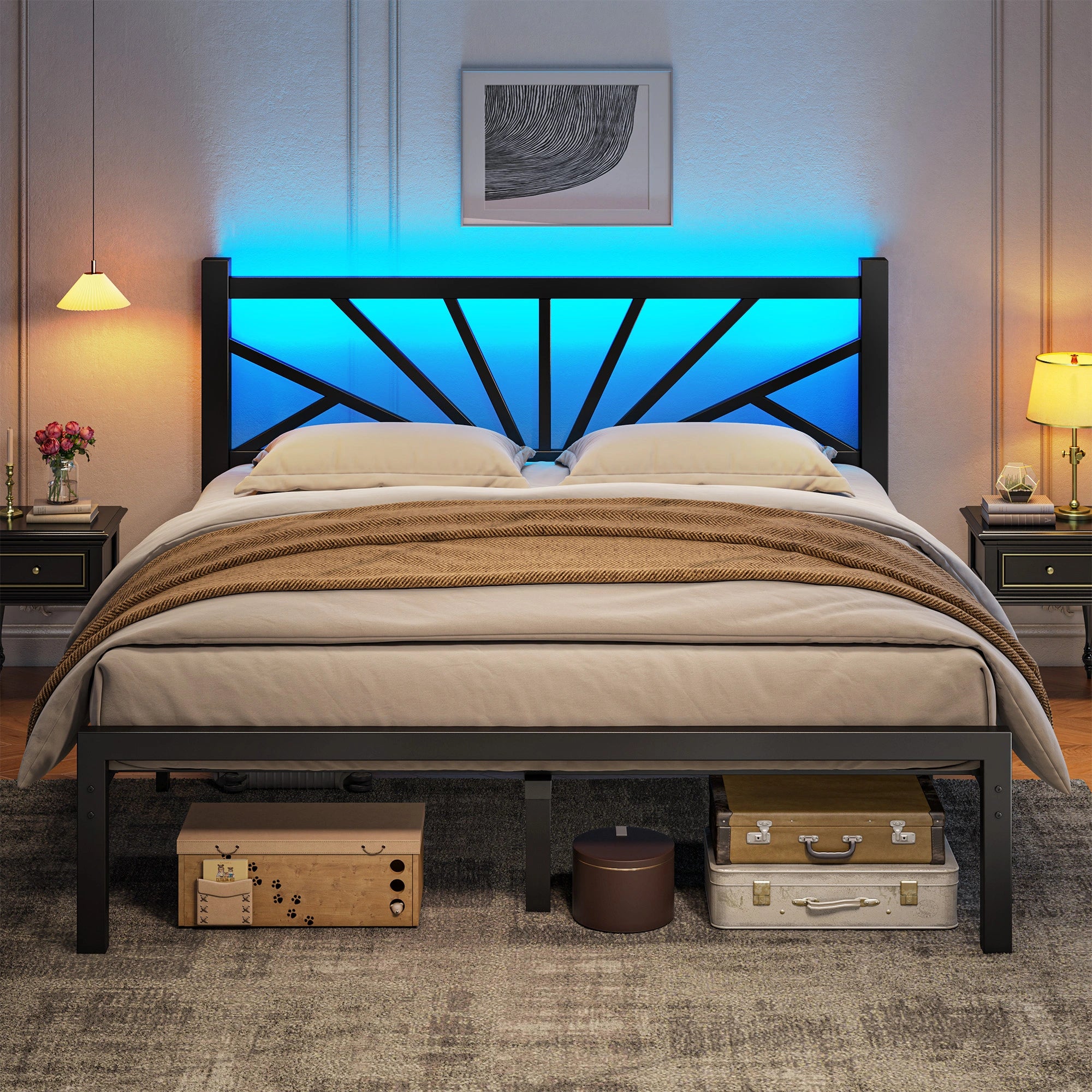 Snhomee Metal Bed Frame with LED Backlight, Storage Space, 1800lbs Weight Capacity & Quiet Structure
