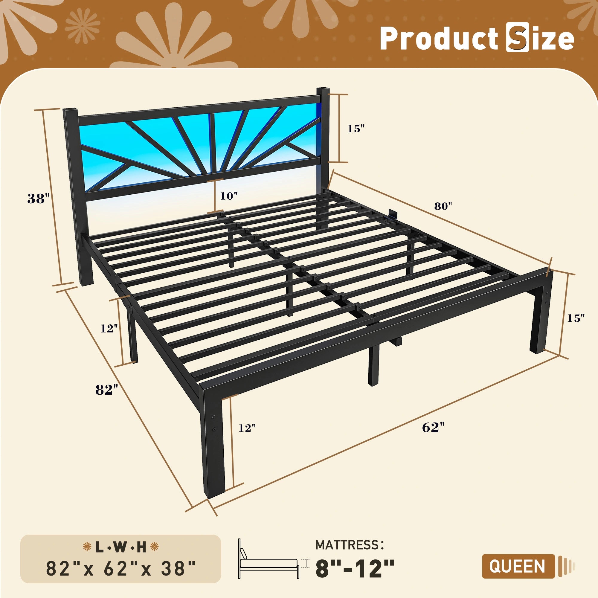 Snhomee Metal Bed Frame with LED Backlight, Storage Space, 1800lbs Weight Capacity & Quiet Structure
