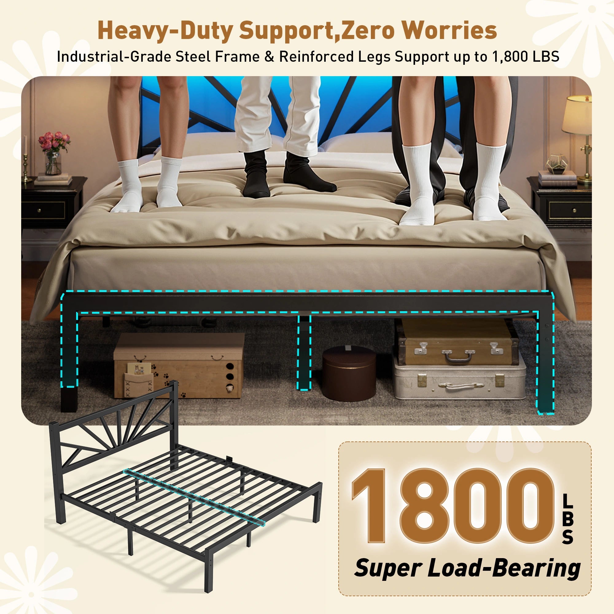Snhomee Metal Bed Frame with LED Backlight, Storage Space, 1800lbs Weight Capacity & Quiet Structure