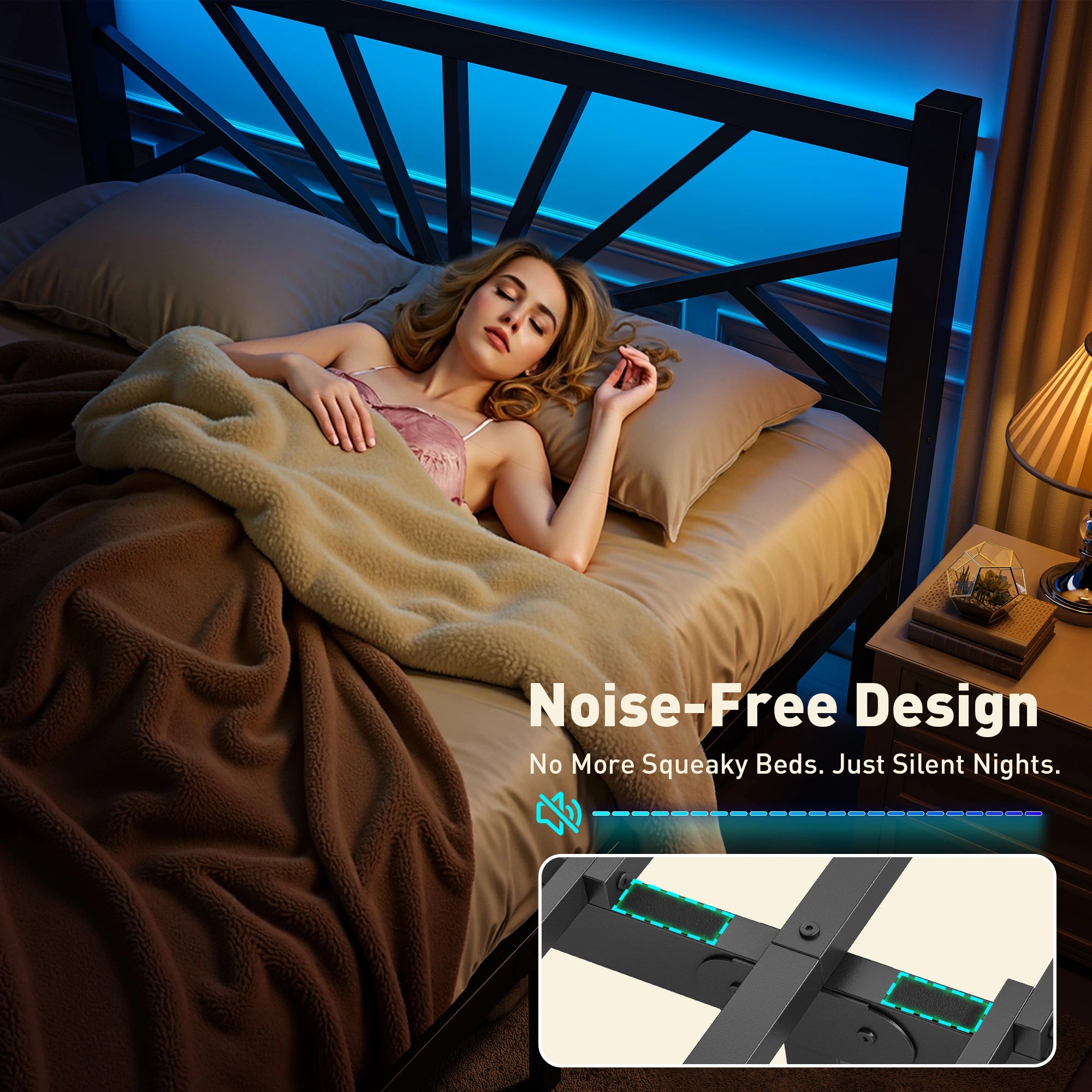 Snhomee Metal Bed Frame with LED Backlight, Storage Space, 1800lbs Weight Capacity & Quiet Structure