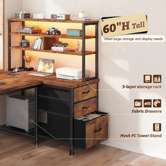 Snhomee L-Shaped Computer Desk with Drawers, 3-Tier Storage Shelves, LED & Charging Station, Reversible Corner Gaming Desk for Home Office