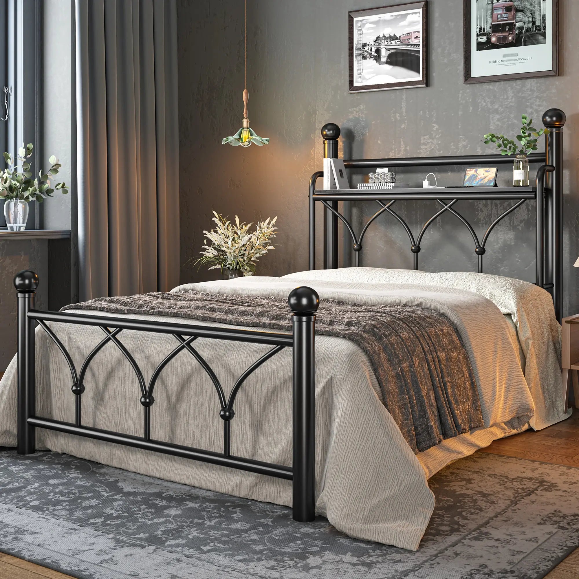 Functional Metal Bed Frame with LED Headboard & Charging Station – Storage Shelf, Noise-Free Design, 882lbs Capacity