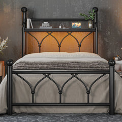 Functional Metal Bed Frame with LED Headboard & Charging Station – Storage Shelf, Noise-Free Design, 882lbs Capacity
