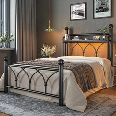 Functional Metal Bed Frame with LED Headboard & Charging Station – Storage Shelf, Noise-Free Design, 882lbs Capacity