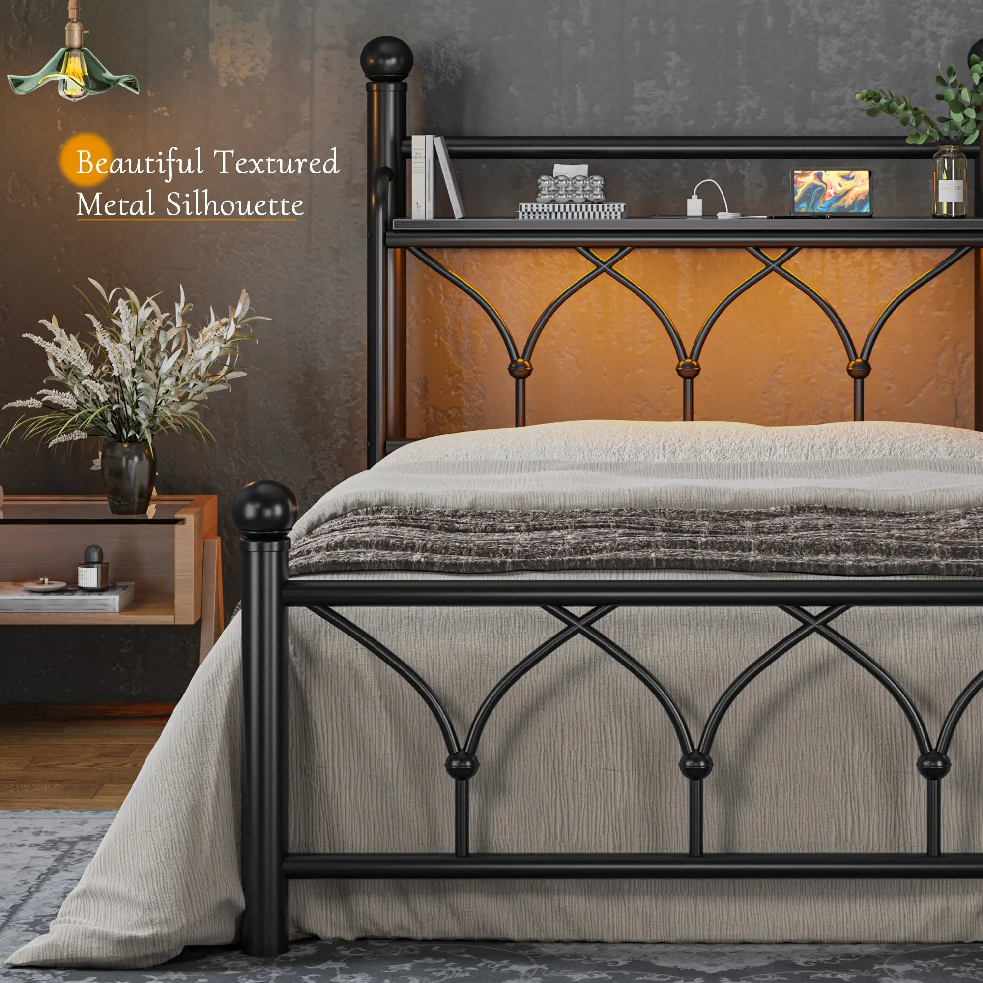 Functional Metal Bed Frame with LED Headboard & Charging Station – Storage Shelf, Noise-Free Design, 882lbs Capacity