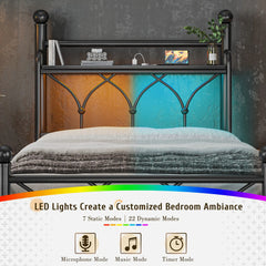 Functional Metal Bed Frame with LED Headboard & Charging Station – Storage Shelf, Noise-Free Design, 882lbs Capacity