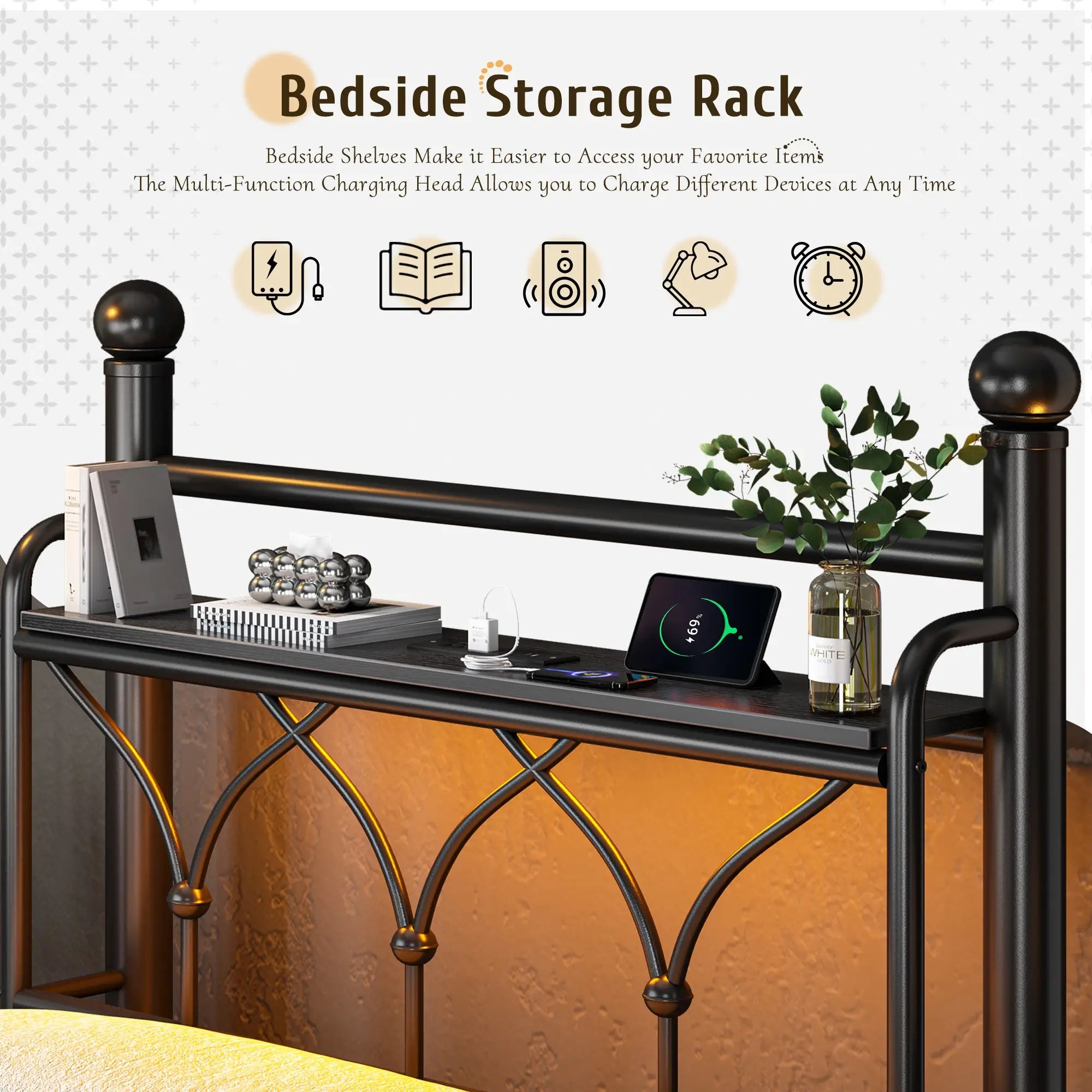 Functional Metal Bed Frame with LED Headboard & Charging Station – Storage Shelf, Noise-Free Design, 882lbs Capacity