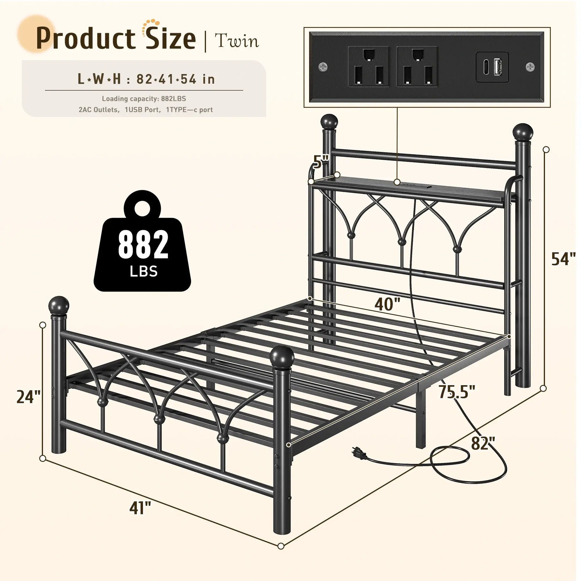 Functional Metal Bed Frame with LED Headboard & Charging Station – Storage Shelf, Noise-Free Design, 882lbs Capacity