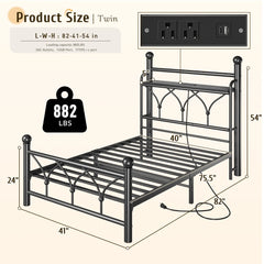 Functional Metal Bed Frame with LED Headboard & Charging Station – Storage Shelf, Noise-Free Design, 882lbs Capacity