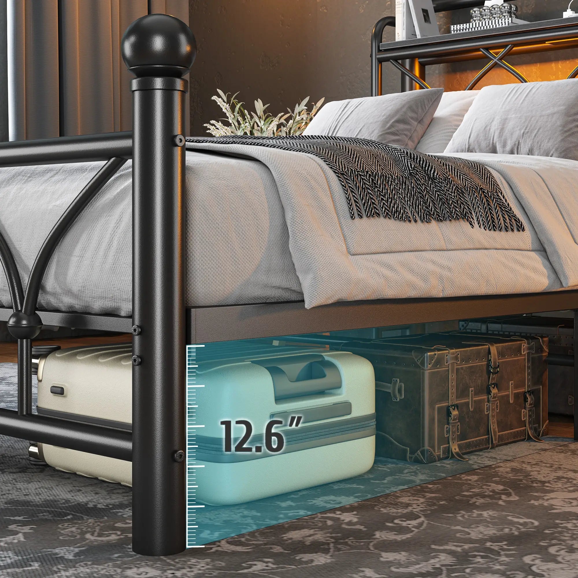 Functional Metal Bed Frame with LED Headboard & Charging Station – Storage Shelf, Noise-Free Design, 882lbs Capacity