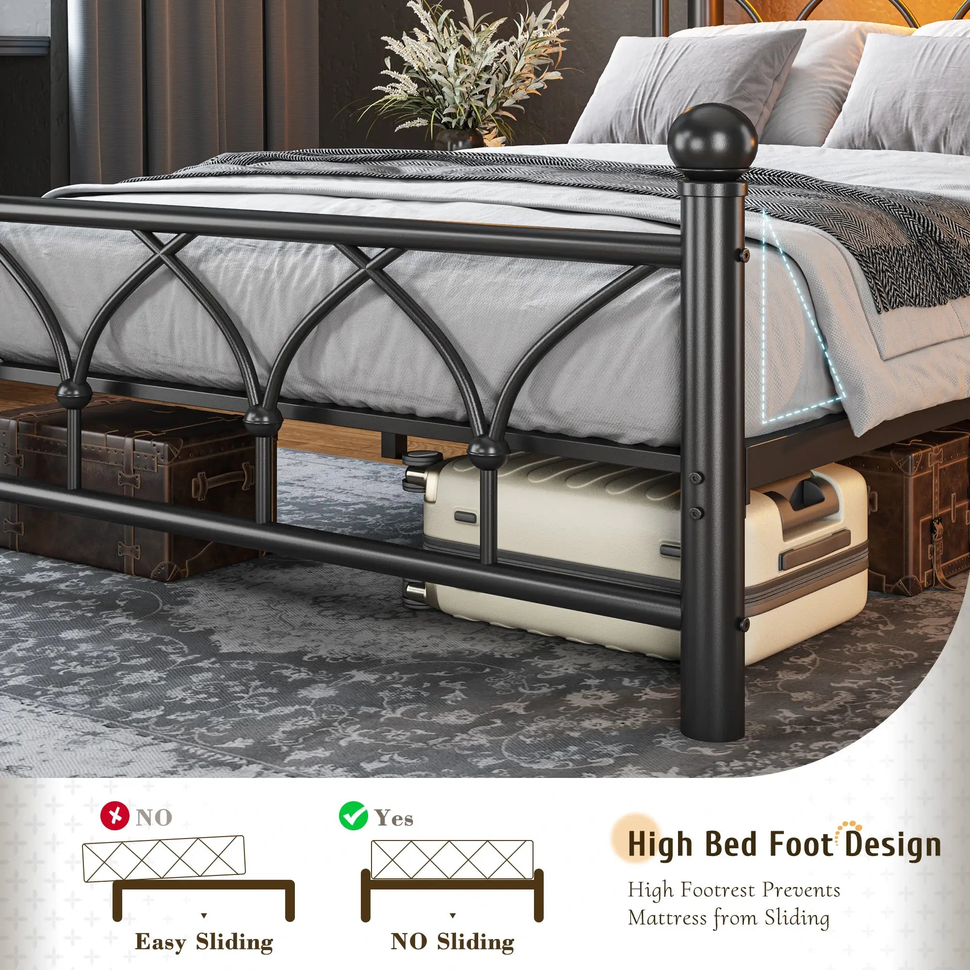 Functional Metal Bed Frame with LED Headboard & Charging Station – Storage Shelf, Noise-Free Design, 882lbs Capacity