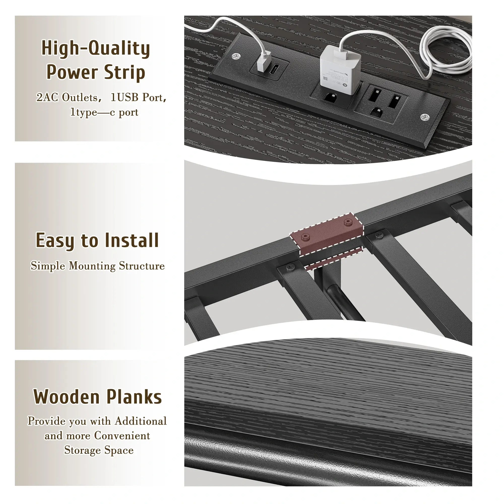Functional Metal Bed Frame with LED Headboard & Charging Station – Storage Shelf, Noise-Free Design, 882lbs Capacity