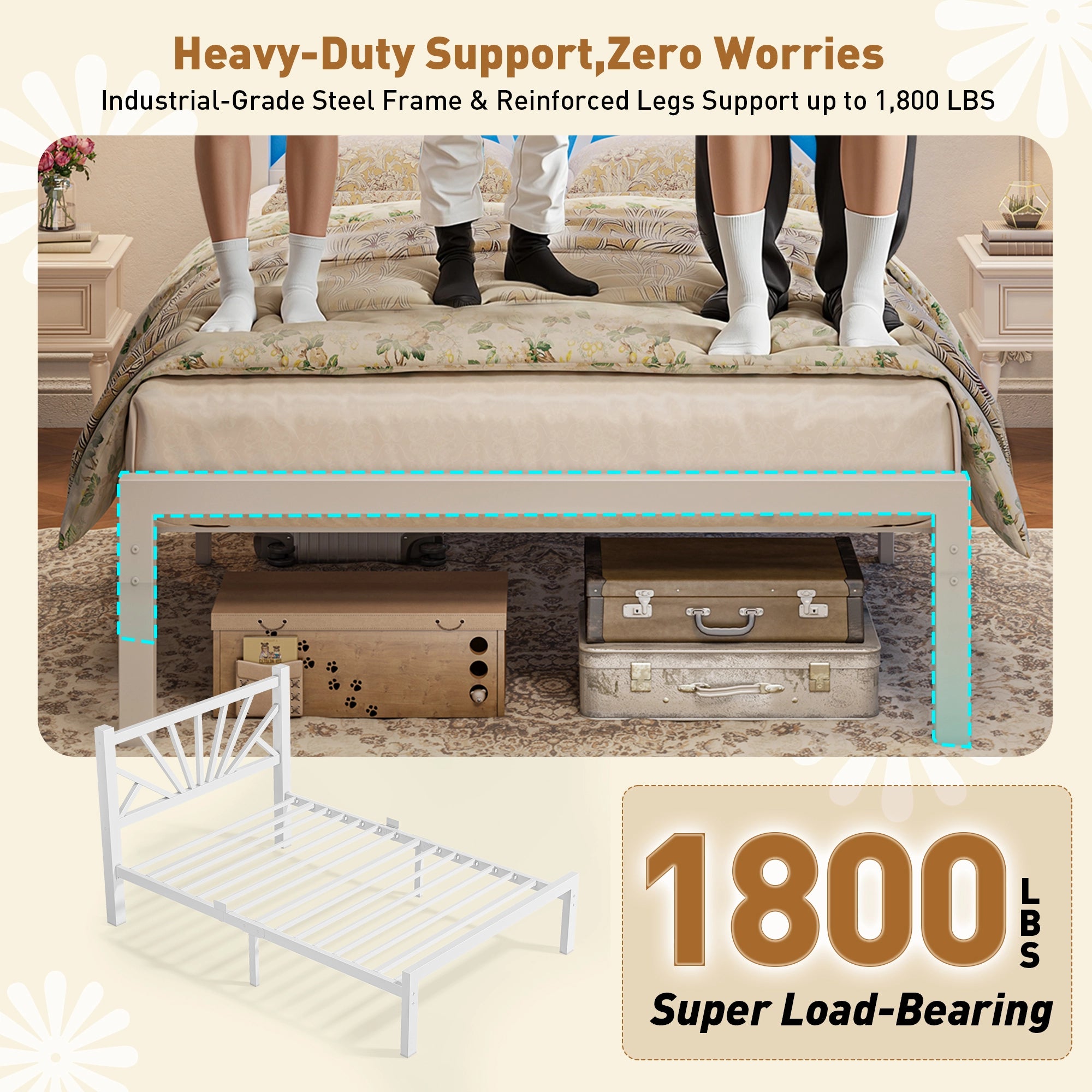 Snhomee Metal Bed Frame with LED Backlight, Storage Space, 1800lbs Weight Capacity & Quiet Structure