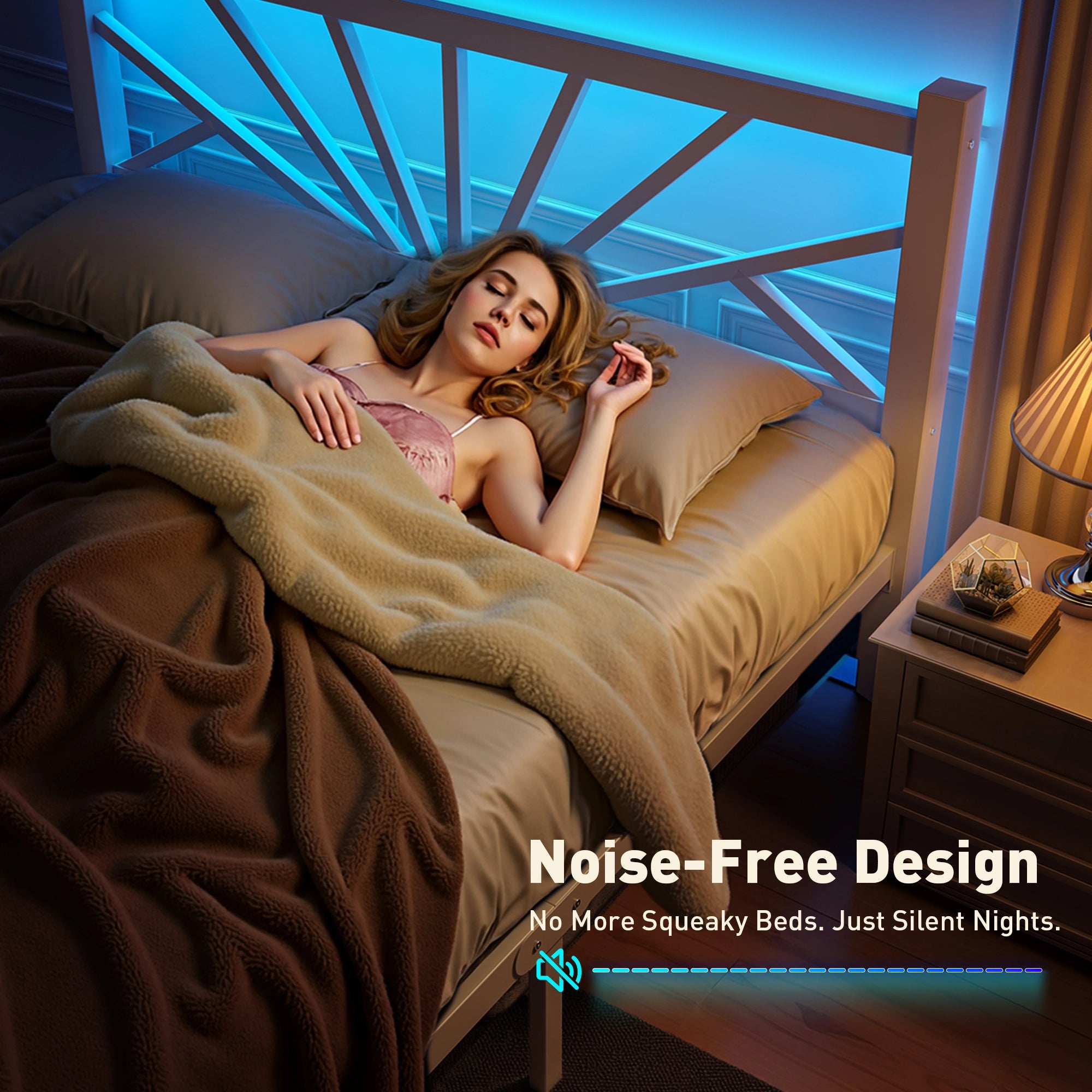 Snhomee Metal Bed Frame with LED Backlight, Storage Space, 1800lbs Weight Capacity & Quiet Structure