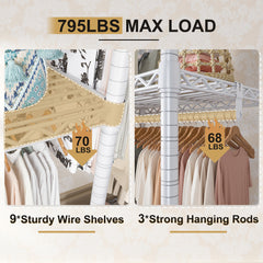 795lb Heavy Duty Clothing Rack - Portable Metal Garment Rack with Shelves, Commercial/Home Use-Home Storage > Clothes Rack-snhomee
