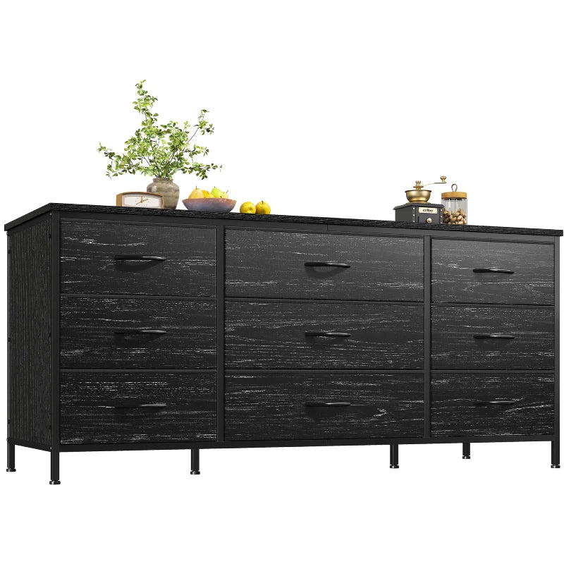 Dresser TV Stand with 9 Drawers, Sturdy Metal Frame & Wood Top, Bedroom, Living Room, Hallway-Furniture > Dresser-47.2" D x 15.3" W x27.5" H-Grey-snhomee