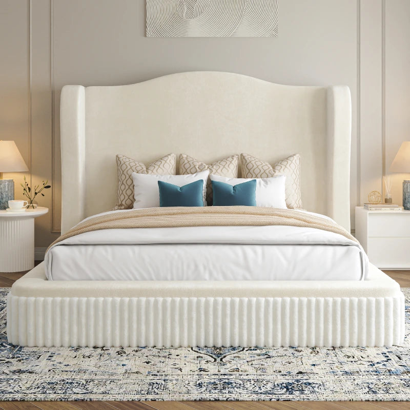 Snhomee 49" Cloud Bed Frame with Extra High Wingback Headboard,Soft Shimmering Fabric & Thick Corduroy Design for Stability, No Box Spring Needed, Easy Assembly