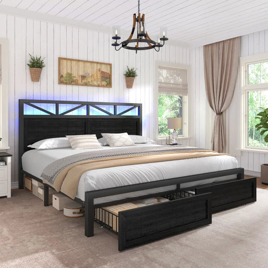 Snhomee Bed Frame with 2 Storage Drawers, LED Headboard & Charging Station,No Box Spring Needed, Noise-Free, Easy Assembly, 900LBS 800