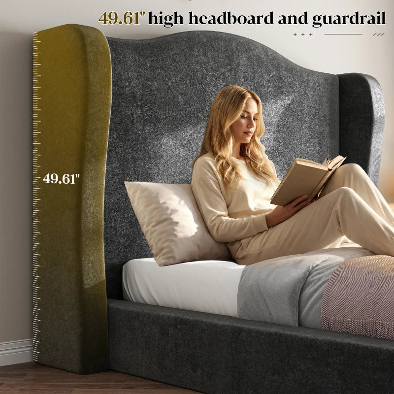 Featuring an extra tall wingback headboard, this upholstered bed frame wraps around the sides for a more enclosed, cozy feel and added support.