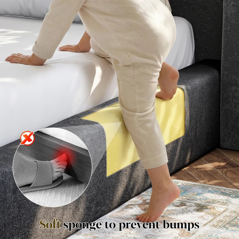 The bed frame with padded edges provides extra cushioning around the footboard and side rails, making it a practical choice for family bedrooms.