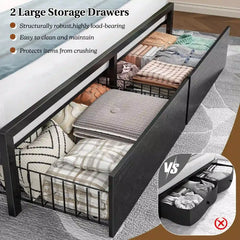 Snhomee Bed Frame with Storage Headboard And 2 Storage Drawers, LED Lights & Charging Station, 800 LBS Capacity, Silent Platform Bed, No Box Spring Needed