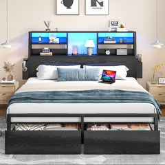 Snhomee Bed Frame with Storage Headboard And 2 Storage Drawers, LED Lights & Charging Station, 800 LBS Capacity, Silent Platform Bed, No Box Spring Needed