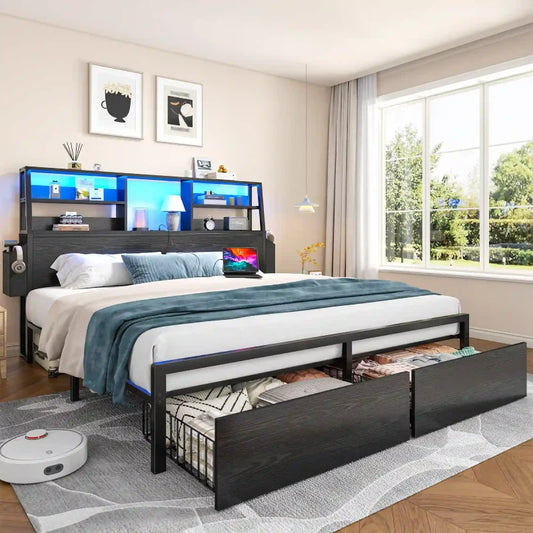 Snhomee Bed Frame with Storage Headboard And 2 Storage Drawers, LED Lights & Charging Station, 800 LBS Capacity, Silent Platform Bed, No Box Spring Needed 800