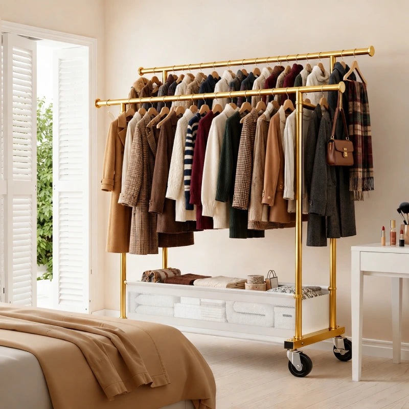 This clothing rack for bedroom storage provides extra hanging space for everyday outfits, coats, dresses, and seasonal clothing.